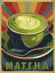 Vibrant retro style poster featuring matcha latte in green cup, showcasing intricate latte art. background has bold rays of color, creating inviting and warm atmosphere