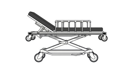 Detailed line drawing of a medical stretcher showcasing adjustable features and design