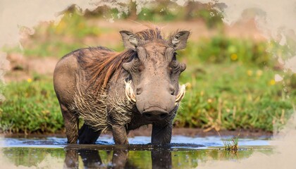 Obraz premium A warthog wading in a shallow pond