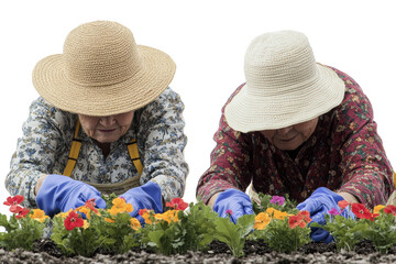 Elderly couple gardening with yellow flowers
