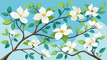 White magnolia blossoms on branches against a blue sky background
