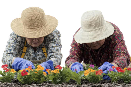 Elderly couple gardening with yellow flowers
