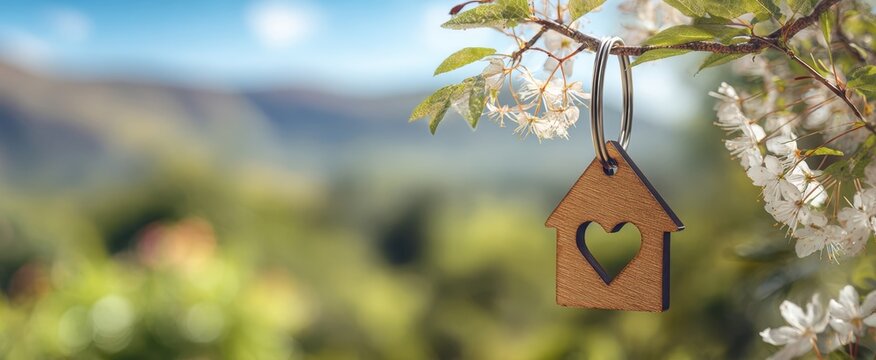 The wooden house keychain hanging from a blossom branch against a blurred green landscape