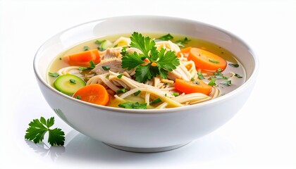 Chicken Noodle Soup with Carrots, Zucchini, and Parsley in White Bowl