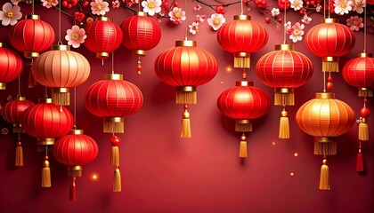 Festive Red Chinese Lanterns Hanging with Blossoms for Celebrations and Events