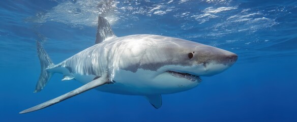 Fototapeta premium The great white shark swimming gracefully in clear blue ocean water