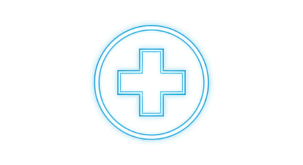 Glowing cyan medical cross symbol encapsulated in a double lined circle outline