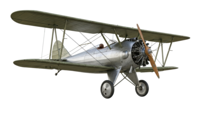 A rugged, vintage 1920s-1930s biplane with faded olive green wings, dull silver fuselage, and wooden propeller on a transparent background, concept of early aviation engineering