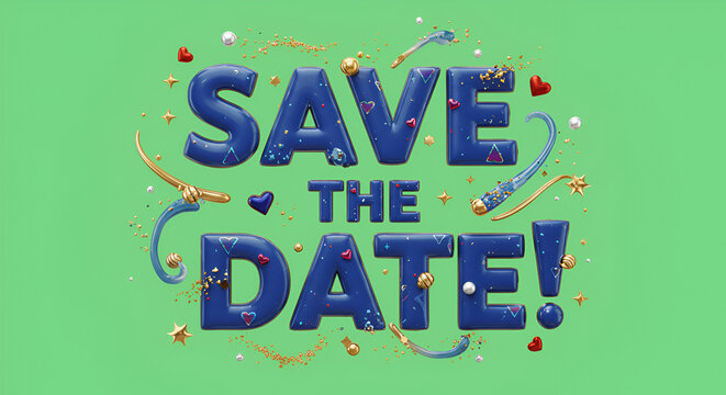 Festive "Save the Date!" Announcement with 3D Text and Decorations