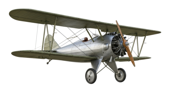 A rugged, vintage 1920s-1930s biplane with faded olive green wings, dull silver fuselage, and wooden propeller on a transparent background, concept of early aviation engineering - Powered by Adobe