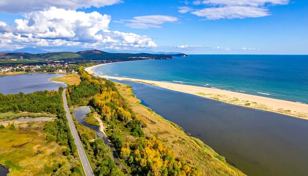 Panoramic aerial view of coastal landscape