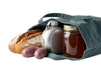 Sturdy muted teal canvas tote bag with rustic bread, purple potatoes, metal canteen, and honey jar peeking, on white background, concept of mindful living