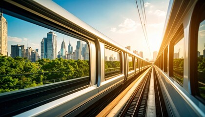 Fototapeta premium View of city skyline through a window of a train, travel concept
