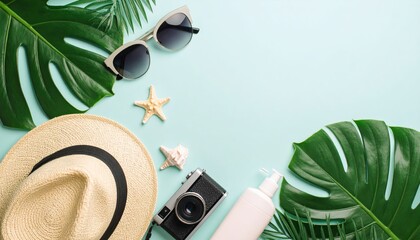 Tropical Summer Vacation Flat Lay with Copy Space on Blue Background