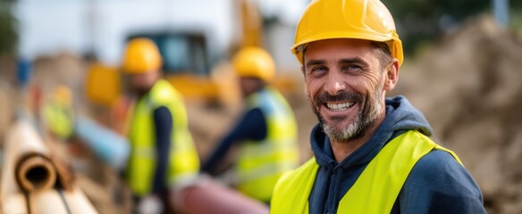 Obraz premium The Construction Worker Smiling at a Busy Pipeline Site With Colleagues