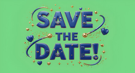 Save the Date! Festive 3D Text with Hearts and Stars