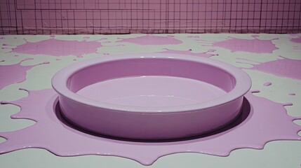 Empty circular, pale-pink basin on a  pink-splattered white floor