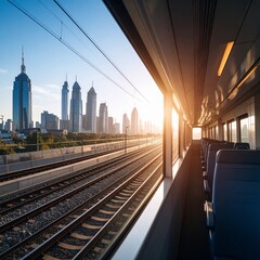 Naklejka premium View of city skyline through a window of a train, travel concept