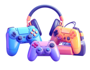 Gaming controllers and headphones isolated on transparent background