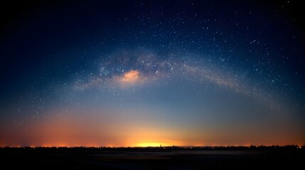 Obraz premium Vast expanse of night sky dotted with stars, a brilliant Milky Way arching over a city skyline at sunrise.