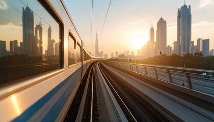 Fototapeta premium View of city skyline through a window of a train, travel concept