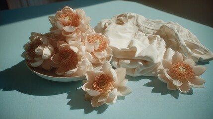 Delicate, pastel-toned still life featuring dried lotus flowers and folded, white garments on a light teal table