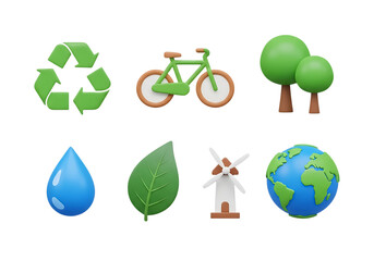 3d icon of set of ecofriendly icons including recycling symbol, bicycle, trees, water drop, leaf, windmill, and earth isolated on transparent background