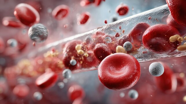 World Thrombosis Day, Highly detailed 3D medical illustration of blood clot dissolving with treatment, red blood cells and medication molecules interacting