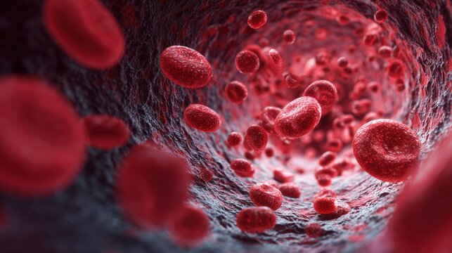 World Thrombosis Day,Medical illustration of red blood cells inside an artery, showing a dangerous blood clot forming, photorealistic 3D rendering, highly detailed textures