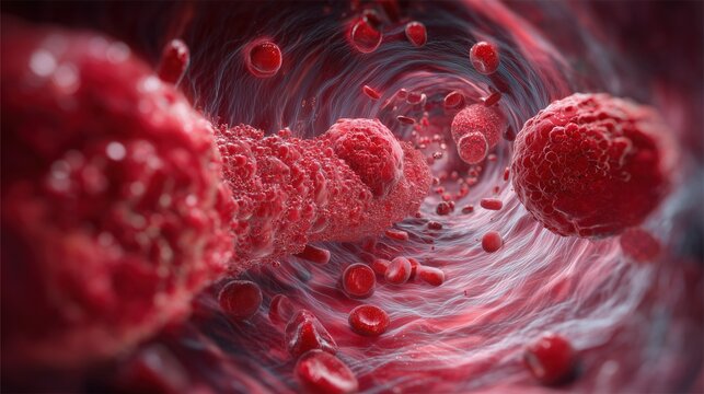 World Thrombosis Day,Medical illustration of red blood cells inside an artery, showing a dangerous blood clot forming, photorealistic 3D rendering, highly detailed textures
