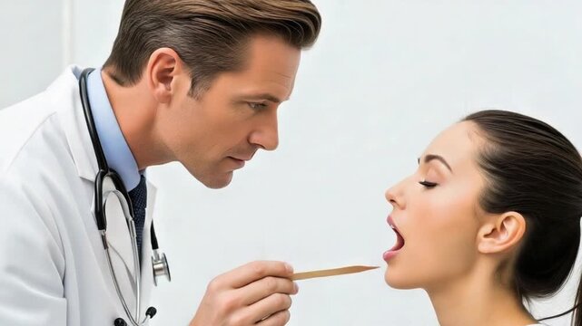 Doctor examines patient's throat with tongue depressor during medical exam