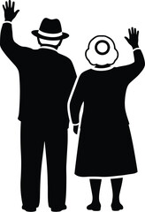 Silhouette of an elderly couple waving, a vector illustration