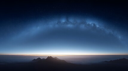 A breathtaking panorama of a celestial arc over a vast expanse of clouds, silhouetted mountains, and a serene sunrise.