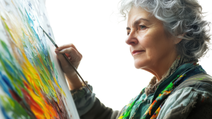 Elderly woman painting at home window
