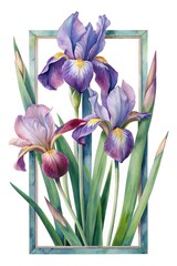 Watercolor Painting of Purple Iris Flowers in a Decorative Frame Art Print