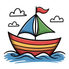 Colorful Cartoon Sailboat on Water Illustration A Cheerful Nautical Scene with Vibrant Colors and Playful Design Artwork for Children