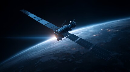 Obraz premium A detailed satellite orbits Earth, showcasing advanced technology against a cosmic backdrop.