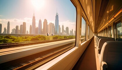 View of city skyline through a window of a train, travel concept