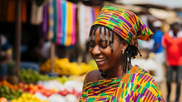 Ghanaian woman laughs joyfully in vibrant Kente cloth at African marketplace. Celebratory, cultural exchange, traditional fashion. Travel, tourism, lifestyle concepts.