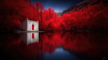 Red-toned landscape with a white building reflected in a still pool