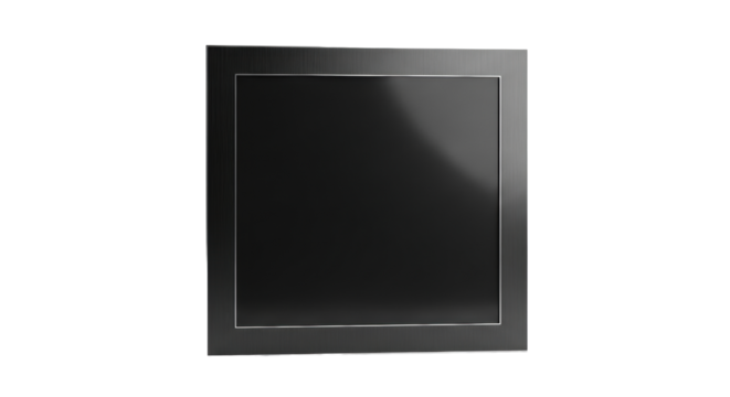 Perfectly square matte black brushed aluminum digital display frame, razor-sharp lines, empty screen, isolated on transparent with ample copy space. Concept of sleek technology