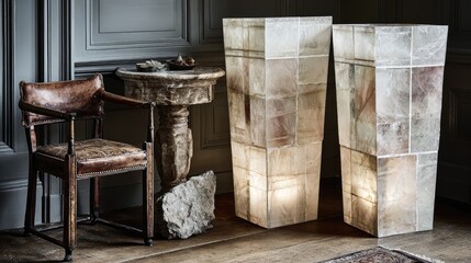Two light fixtures, pale stone, antique chair, room