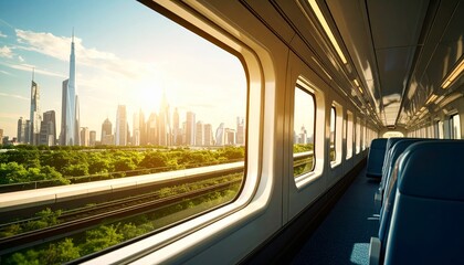 Naklejka premium View of city skyline through a window of a train, travel concept