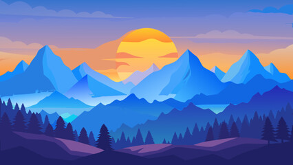 Obraz premium Vibrant mountain landscape at sunset with stylized peaks