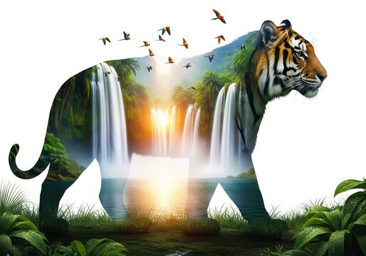 Creative double exposure of a tiger with a jungle waterfall scene and flying parrots - Powered by Adobe