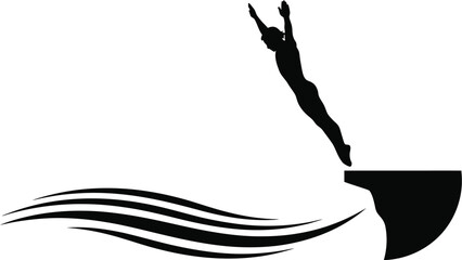 Silhouette of a diver jumping into water, symbolizing sport and recreation