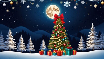 Festive Christmas tree decorated with ornaments and ribbons illuminated under full moon in snowy winter landscape with pine trees and starry sky