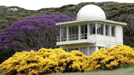 Observatory building with vibrant purple and yellow flowers