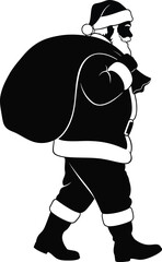Santa claus is walking with a bag full of gifts, santa is a black silhouette