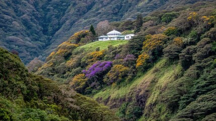 Lush valley with house nestled on hillside